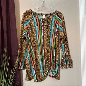 #709 Lillypad animal print ruffle sleeve BoHo top size large